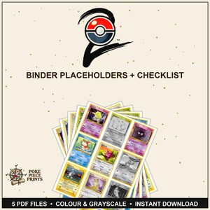 Może przedstawiać: Zestaw znaczników i list kontrolnych do segregatorów kart Pokémon. Obraz przedstawia wachlarz kolorowych kart z różnymi postaciami Pokémon. Tekst zawiera "BINDER PLACEHOLDERS + CHECKLIST" i "5 PDF FILES • COLOUR & GRAYSCALE • INSTANT DOWNLOAD".