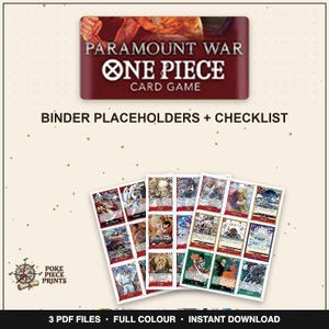 Pode incluir: Um conjunto de três folhas impressas com marcadores de pasta e uma lista de verificação para o jogo de cartas One Piece Paramount War. As folhas exibem várias ilustrações coloridas de personagens e o texto Paramount War One Piece Card Game.