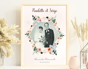 Affiche personnalisée noces de Diamant - Cadre noces de diamant - cadeau d'anniversaire 60 ans de mariage