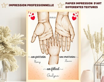 Affiche personnalisée mains parrain et marraine avec leur filleul(e) - Cadeau baptême personnalisable