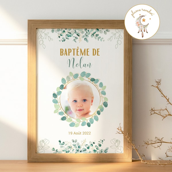 Arbre à empreinte baptême ou anniversaire champêtre couronne eucalyptus avec Photo - Livre d'or baptême eucalyptus personnalisé avec encrier