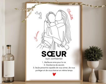 Affiche Soeur line art - Définition Soeur - Cadeau soeur personnalisé