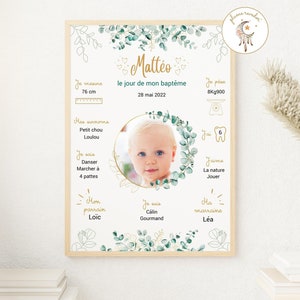 Personalized eucalyptus baptism or birthday poster - GOLD and WHITE Eucalyptus