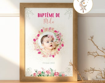 Arbre à empreinte baptême ou anniversaire couronne Roses Or et vert avec Photo - Livre d'or baptême roses personnalisé avec photo et encrier