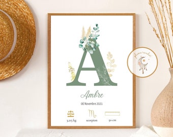 Affiche naissance initiale prénom eucalyptus  - AFFICHE Prénom enfant - Cadeau de naissance personnalisable