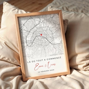Affiche personnalisée coordonnées GPS, carte lieu de rencontre amoureux, cœur rouge, poster couple, cadeau mariage, décoration couple