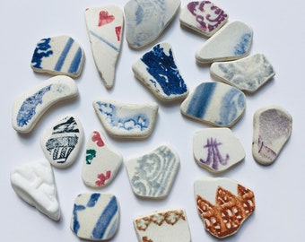 one of a kind Heart sea glass inspired blue and white tumbled pottery pendant beach pottery heart