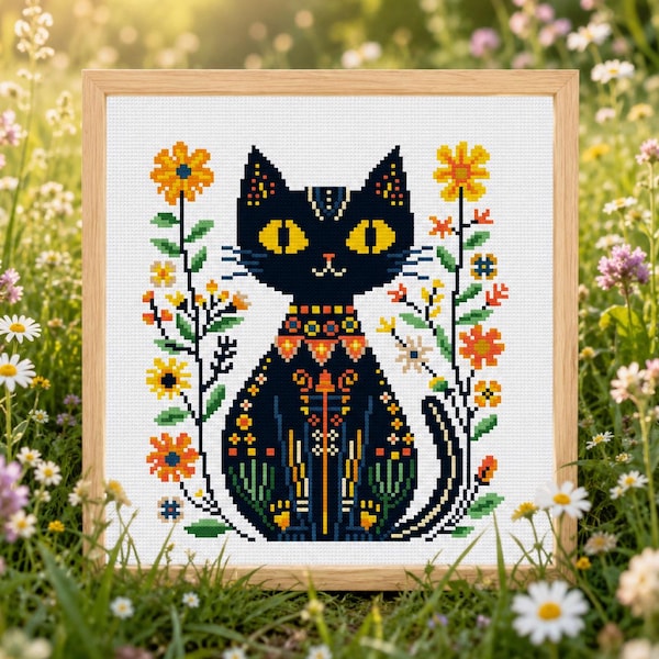 Cat Cross Stitch Pattern Cat folk Art Cross Stitch Pattern , Floral Cat , Black Cat Cross Stitch PDF Pattern Instant Download