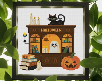 Punto de cruz de Halloween, Punto de cruz espeluznante, Punto de cruz de truco o trato, Gato negro, Patrón de punto de cruz de fantasma lindo, Descarga instantánea