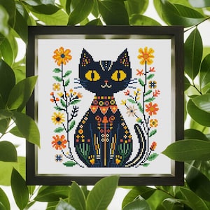 Motif de point de croix de chat, art folklorique de chat, motif de point de croix, chat floral, chat noir, motif PDF de point de croix, téléchargement immédiat