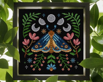 Moth Cross Stitch Pattern Flower Insect Cross Stitch Flower Moth Cross Stitch Pattern Folk Art Cross Stitch PDF Instant Download