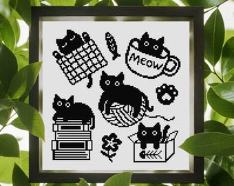 Schattig katten kruissteekpatroon Zwart kruissteekpatroon Leuk kruissteekpatroon Zwarte kat kruissteekpatroon PDF-patroon Direct te downloaden