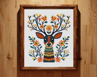 Modèle de point de croix Cerf, Modèle de point de croix floral Cerf, Motif animal de la forêt, Modèle de point de croix art populaire Cerf PDF Téléchargement instantané
