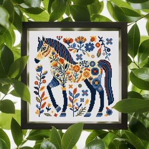 Kruissteekpatroon paard, bloemen paard kruissteek, paard volkskunst kruissteek pdf-patroon direct downloaden
