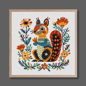 Squirrel Cross Stitch Pattern Squirrel and Flower Cross Stitch Pattern Squirrel Folk Art Cross Stitch PDF Pattern Instant Download