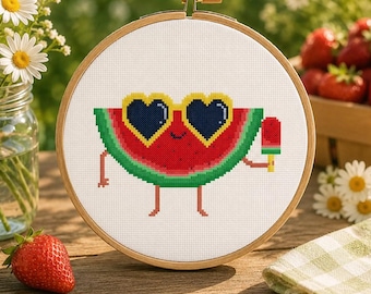 Sött vattenmelon korsstygnsmönster Sommar korsstygn Kawaii korsstygn PDF-mönster direkt nedladdning