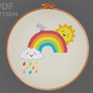 Rainbow Cross Stitch Pattern Cloud And Sun Cross Stitch Colorful Rain Cross Stitch PDF Pattern Instant Download