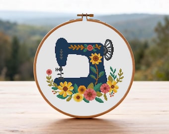 Sewing Machine Cross Stitch Pattern Floral Sewing Machine Cross Stitch, Sewing Room Deco , PDF Pattern Instant Download