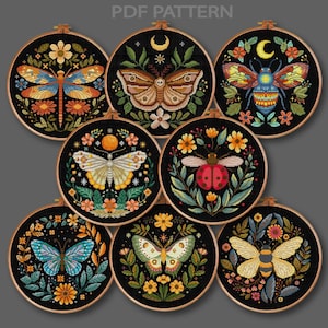 Korsstygnsset med blommiga insekter, blomma, mal, korsstygn, trollslända, ekoxe, bi, korsstygn, fjäril, korsstygn PDF