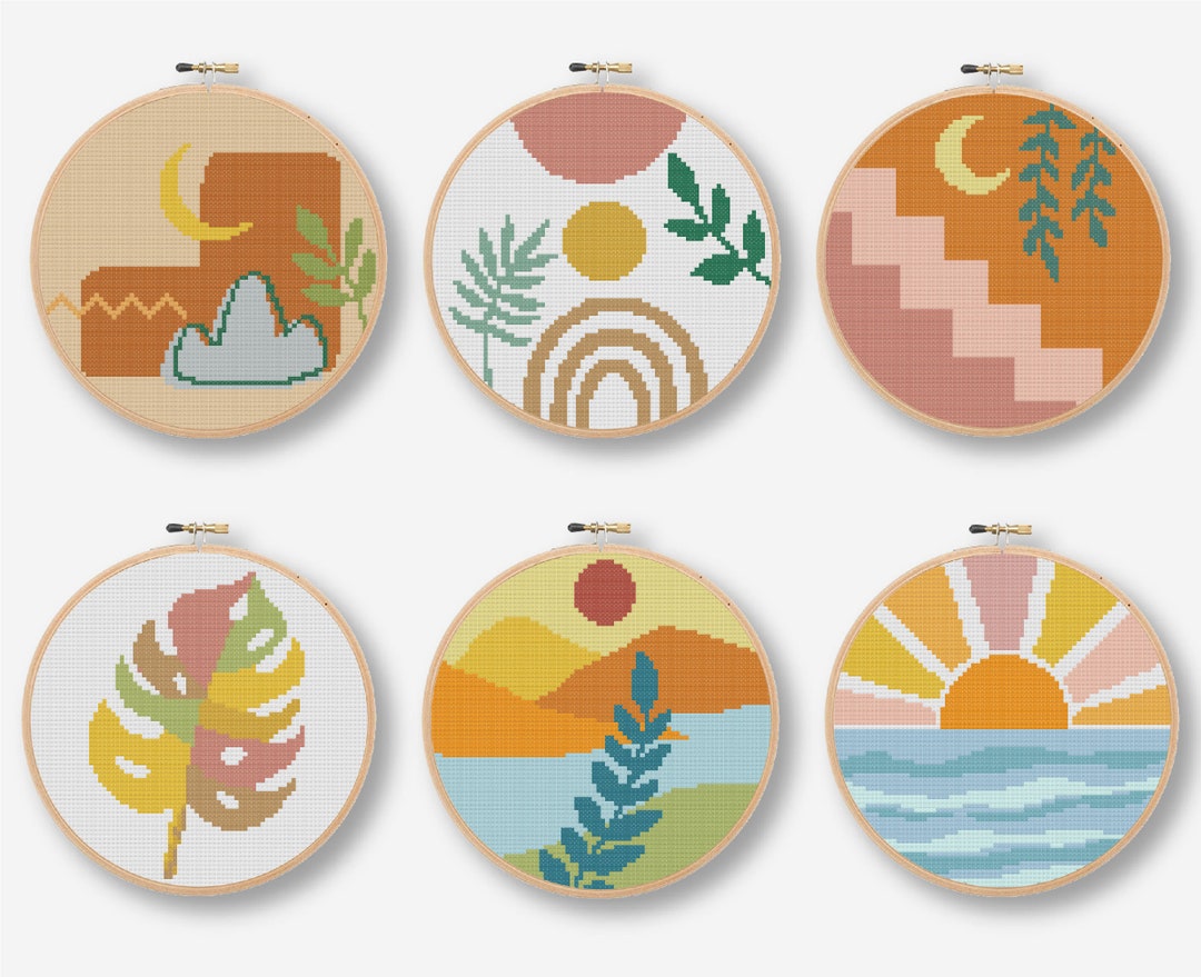 Set Of 6 Modern Cross Stitch Boho Stitch Pattern Abstract Cross Stitch 