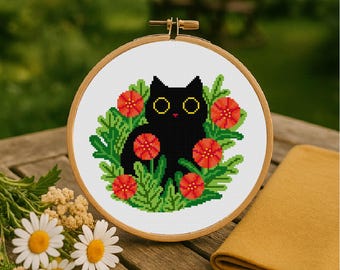 Modèle de point de croix Chat noir et fleur, Chat fleuri, Téléchargement instantané du PDF de point de croix Chat noir