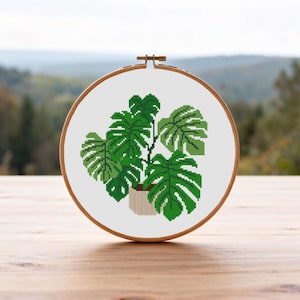 Padrão de Ponto Cruz de Monstera, Planta Costela-de-Adão, Padrão em PDF para Download Imediato
