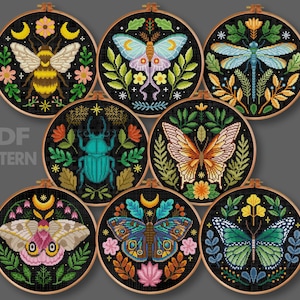 Flower Insects Cross Stitch Set Flower Moth Cross Stitch Stag Beetle Cross Stitch Bee Cross Stitch Butterfly Cross stitch Pattern PDF