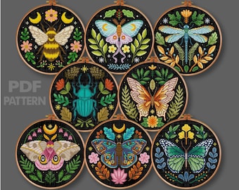 Flower Insects Cross Stitch Set Flower Moth Cross Stitch Stag Beetle Cross Stitch Bee Cross Stitch Butterfly Cross stitch Pattern PDF