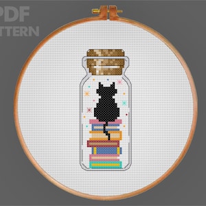 Cat and Books Cross Stitch Bottle Cross Stitch Pattern Cat Cross stitch Black Cat Cross Stitch PDF Pattern Instant Download