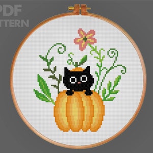 Black Cat Cross Stitch Pattern Autumn Cross Stitch Pattern Pumpkin Cross Stitch PDF Pattern Instant Download