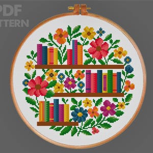 Floral Bookshelves Cross Stitch Pattern Reading Cross Stitch Pattern Flower Bookshelves Cross Stitch Pattern PDF Instant Download