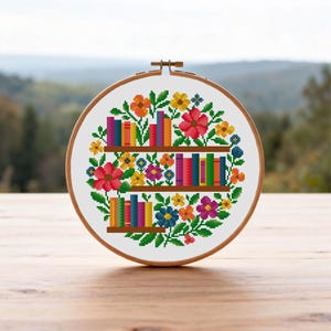 Étagères fleuries, point de croix, motif de lecture, point de croix, étagères fleuries, motif point de croix PDF, téléchargement immédiat