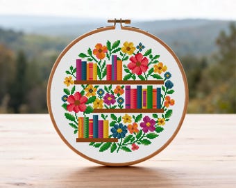 Floral Bookshelves Cross Stitch Pattern Reading Cross Stitch Pattern Flower Bookshelves Cross Stitch Pattern PDF Instant Download