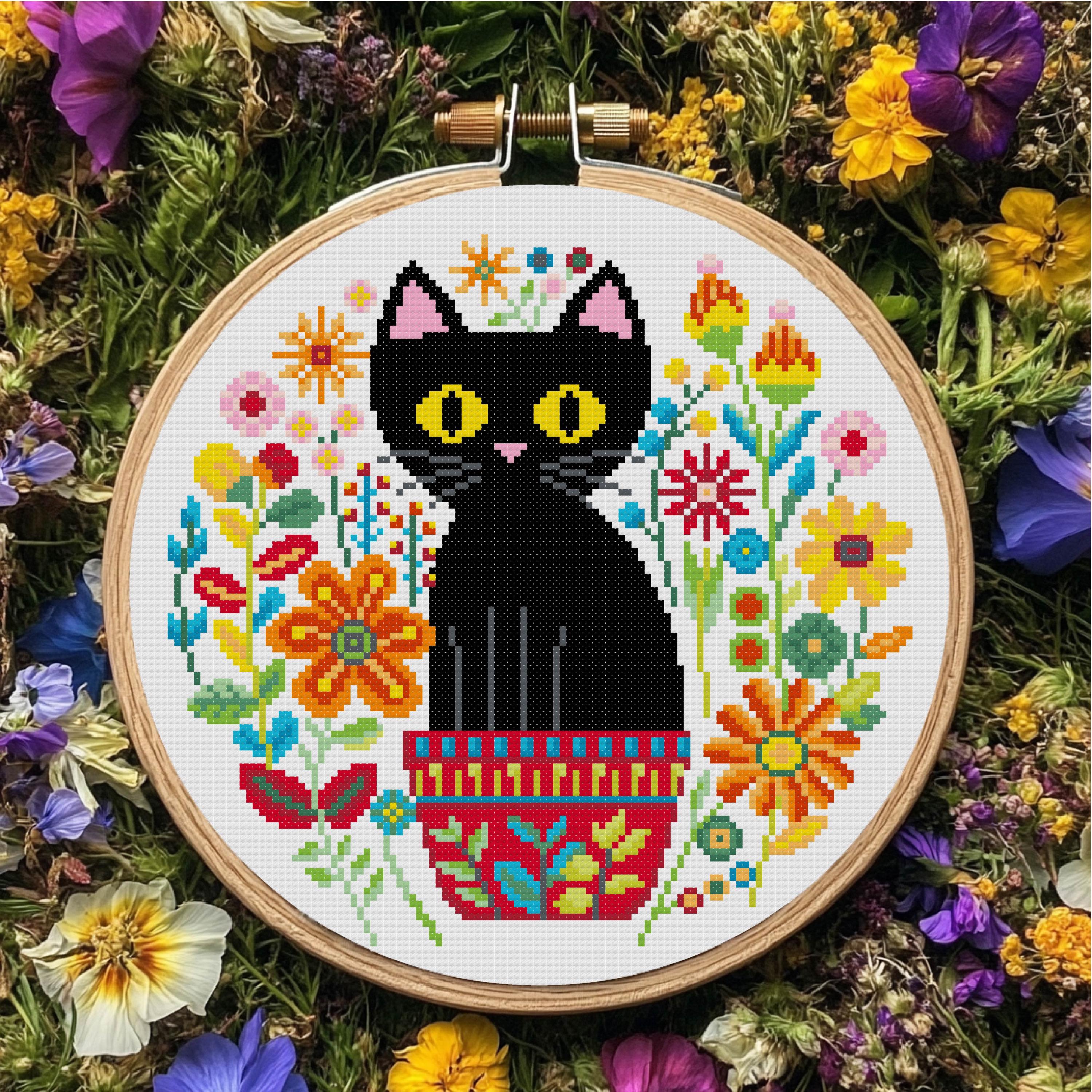 Black Cat and Flower Cross Stitch Pattern Abstarct Flower Cross