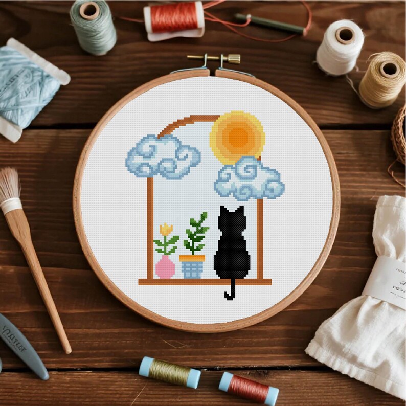 Black Cat Cross Stitch Pattern Sun And Cloud Cross Stitch PDF Pattern Instant Download image 4