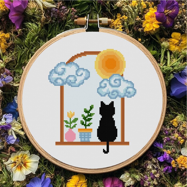 Black Cat Cross Stitch Pattern Sun And Cloud Cross Stitch PDF Pattern Instant Download image 3
