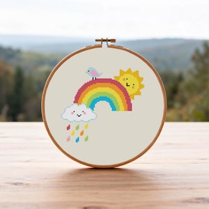 Regenbogen-Kreuzstichmuster, Wolken- und Sonnen-Kreuzstich, bunter Regen-Kreuzstich (PDF-Muster, sofortiger Download)