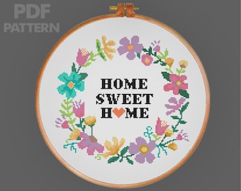 Home Sweet Home Cross Stitch Pattern Flower Wreath Cross Stitch Modern Cross Stitch PDF Pattern Instant Download
