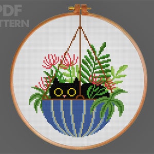 猫と花のクロスステッチパターン 鉢植えの植物のクロスステッチパターン 黒猫のクロスステッチPDFパターン 即時ダウンロード