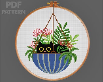 Cat and Flower Cross Stitch Pattern Potted Plant Cross Stitch pattern Black Cat Cross Stitch PDF Pattern Instant Download