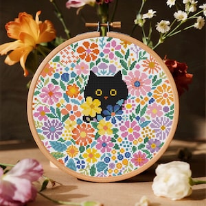 Cat in Flowers Cross Stitch Pattern Floral Cat Cross Stitch Pattern Cat Lover Gift Cross Stitch PDF Instant Download