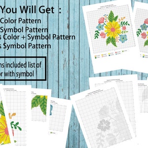 May include: A set of cross-stitch patterns featuring a floral design with yellow, pink, blue, and green flowers. The patterns include color and symbol versions, and a DMC color list is included.