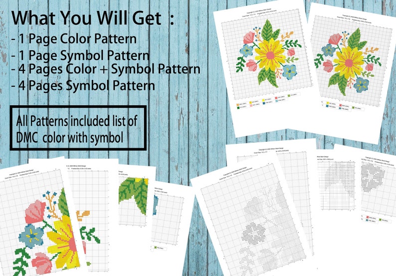 May include: A set of cross-stitch patterns featuring a floral design with yellow, pink, blue, and green flowers. The patterns include color and symbol versions, and a DMC color list is included.