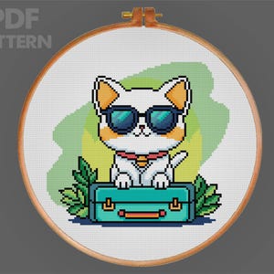 Cool Cat Cross Stitch Pattern Pet on vacation Cross Stitch Pattern Holiday Cat Cross Stitch PDF Pattern Instant Download