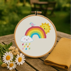 Rainbow Cross Stitch Pattern Cloud And Sun Cross Stitch Colorful Rain Cross Stitch PDF Pattern Instant Download