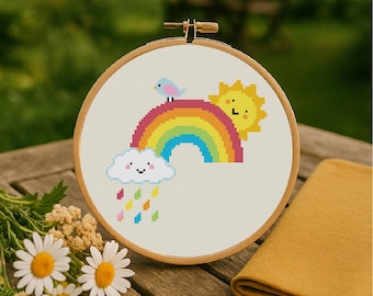 Rainbow Cross Stitch Pattern Cloud And Sun Cross Stitch Colorful Rain Cross Stitch PDF Pattern Instant Download