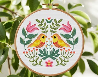 Bird Folk Art Cross Stitch Pattern , Floral Bird Cross Stitch , Loving Birds Cross Stitch PDF Pattern Instant Download