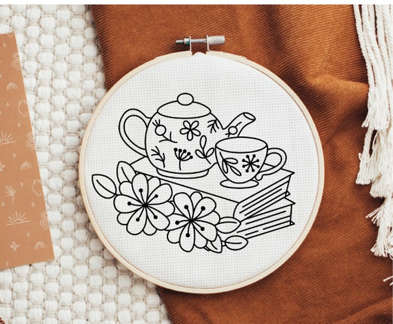 Books Hand Embroidery Pattern Downloadable Teacup and Books