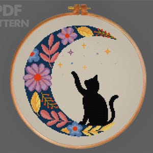 Moon And Cat Cross Stitch Pattern Flower Cross Stitch Night And Starry Sky Cross Stitch PDF Pattern Instant Download