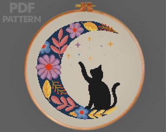 Moon And Cat Cross Stitch Pattern Flower Cross Stitch Night And Starry Sky Cross Stitch PDF Pattern Instant Download